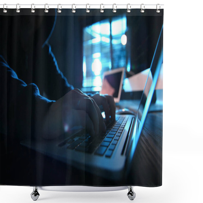 Personality  Hacker With Laptop In Dark Room, Closeup. Cyber Crime Shower Curtains