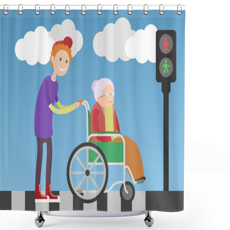 Personality  Kind Boy Helps Old Lady In Wheelchair. Shower Curtains