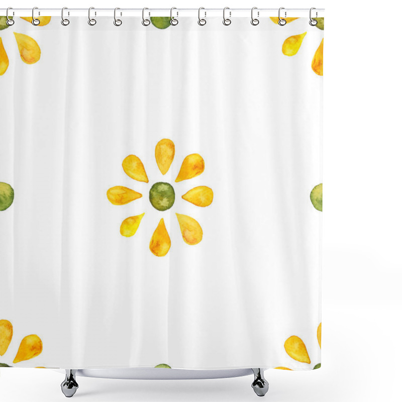 Personality  Watercolor Seamless Pattern Of Simple Flowers And Dots. Yellow And Green On White. Super Simple Minimalistic Floral Pattern Of Petals And Rounds Shower Curtains