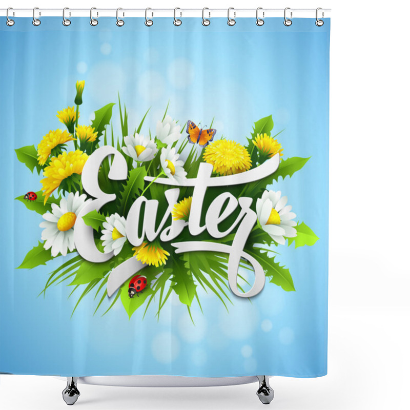 Personality  Title Easter With Spring Flowers. Vector Illustration Shower Curtains