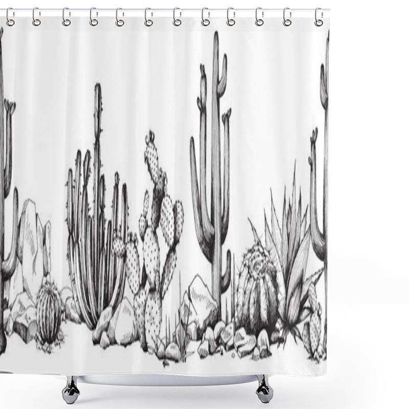 Personality  Seamless Border With Succulents And Cactuses, Engraving Vector Illustration. Shower Curtains