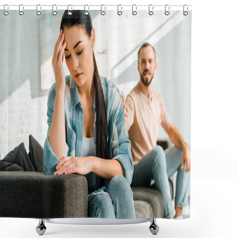 Personality  Stressed Wife With Hand On Head Sitting On Foreground After Arguing With Husband At Home Shower Curtains