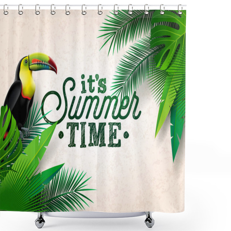 Personality  Vector Summer Time Holiday Typographic Illustration With Toucan Bird And Flower On Tropical Plants Background. Design Template With Green Palm Leaf For Banner, Flyer, Invitation, Brochure, Poster Or Shower Curtains