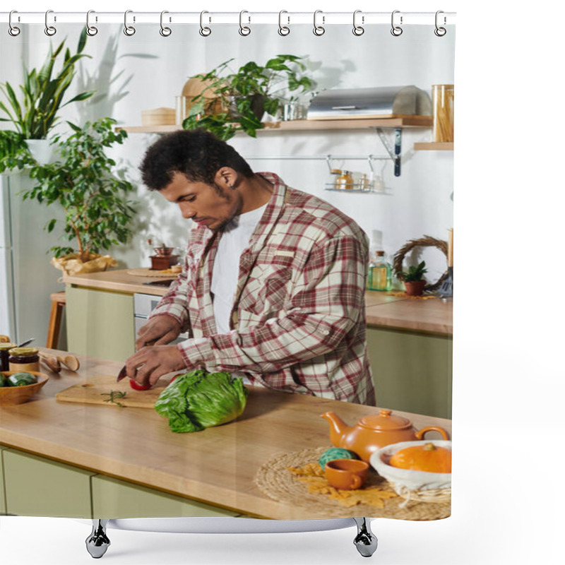 Personality  Handsome Young Man Chops Vegetables While Surrounded By Plants And Kitchen Tools. Shower Curtains