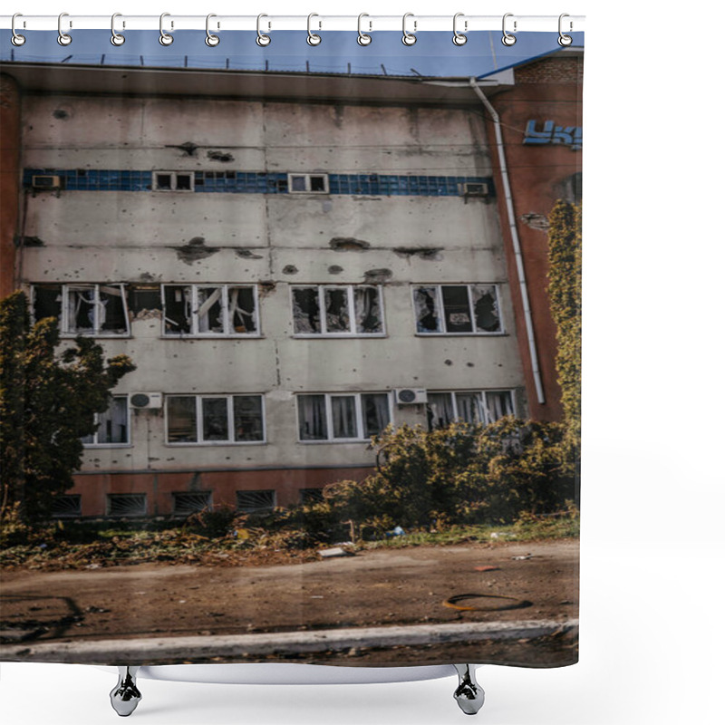 Personality  Borodyanka, Kyiv Region, Ukraine. April 08, 2022: Destroyed Building After Russian Occupation  Shower Curtains