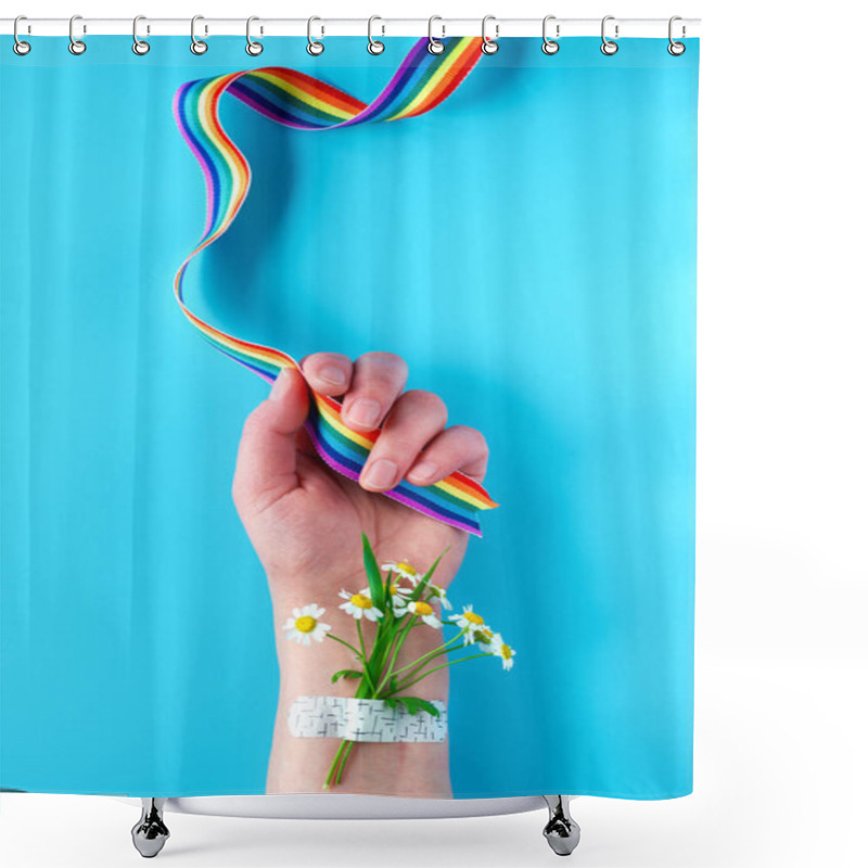 Personality  Thank You Doctors And Nurses! Rainbow Ribbon In Hand Of Mature Woman With Chamomile Flowers And Grass Bouquet Attached With Medical Patch. Creative Flat Lay, Top View On Blue Background. Shower Curtains