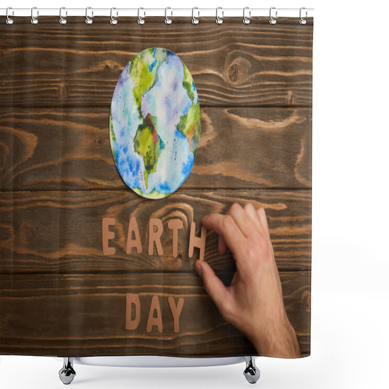 Personality  Partial View Of Woman Holding Paper Letters And Planet Picture On Brown Wooden Background, Earth Day Concept Shower Curtains