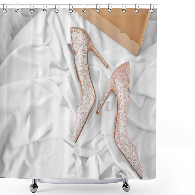 Personality  Pair Of Sparkly Female Shoes On White Fabric, Top View Shower Curtains