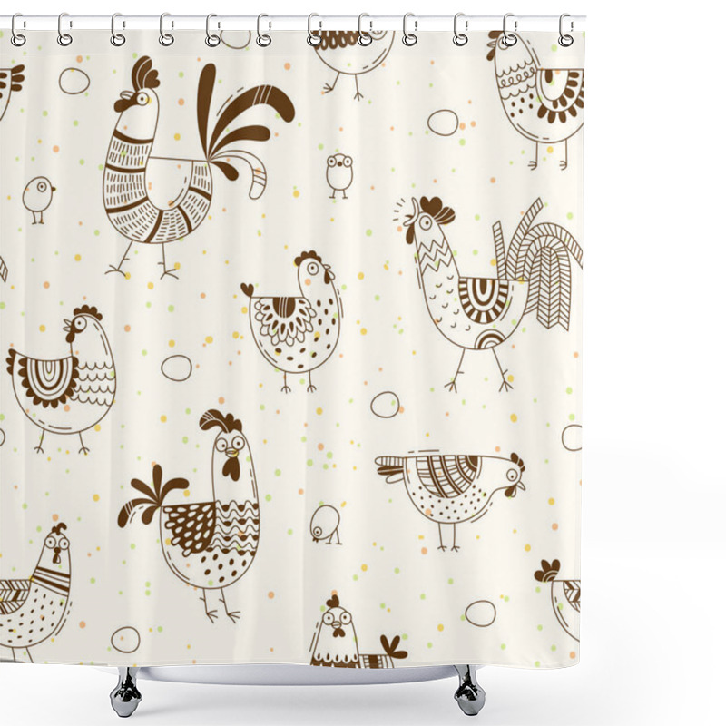 Personality  Seamless Pattern With Chickens, Roosters, Eggs In Cartoon Style, Line Art. Background For Design Cover Product Packaging, Advertising Banner, Card Shower Curtains