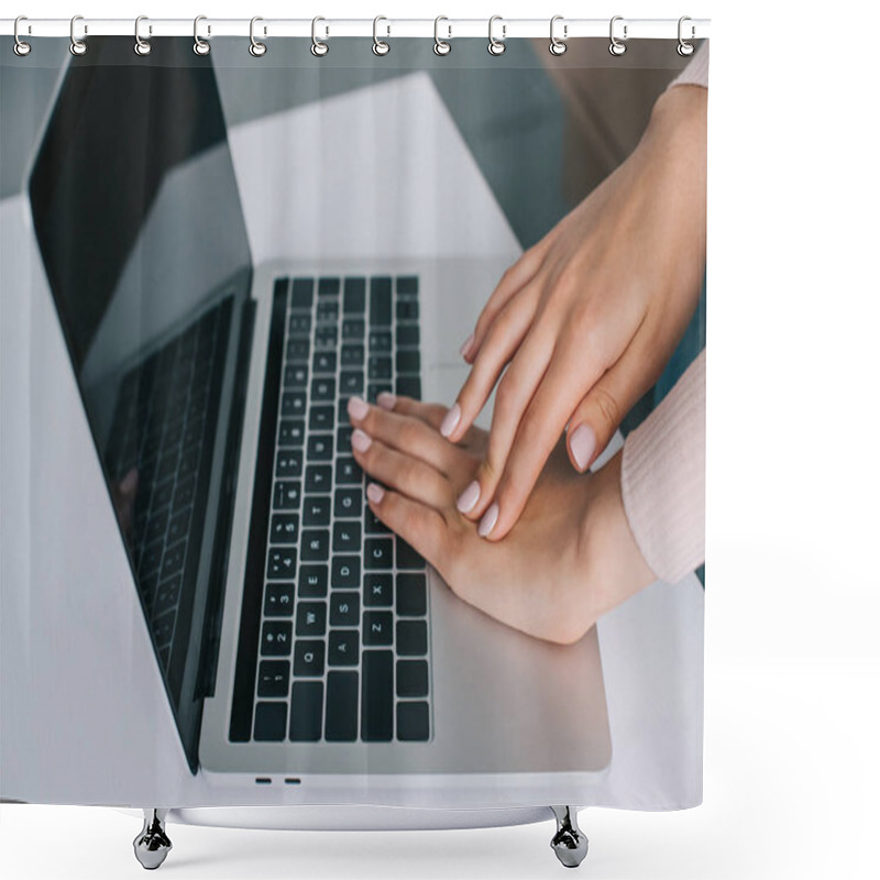 Personality  Close-up Partial View Of Woman Rubbing Hand While Using Laptop With Blank Screen Shower Curtains