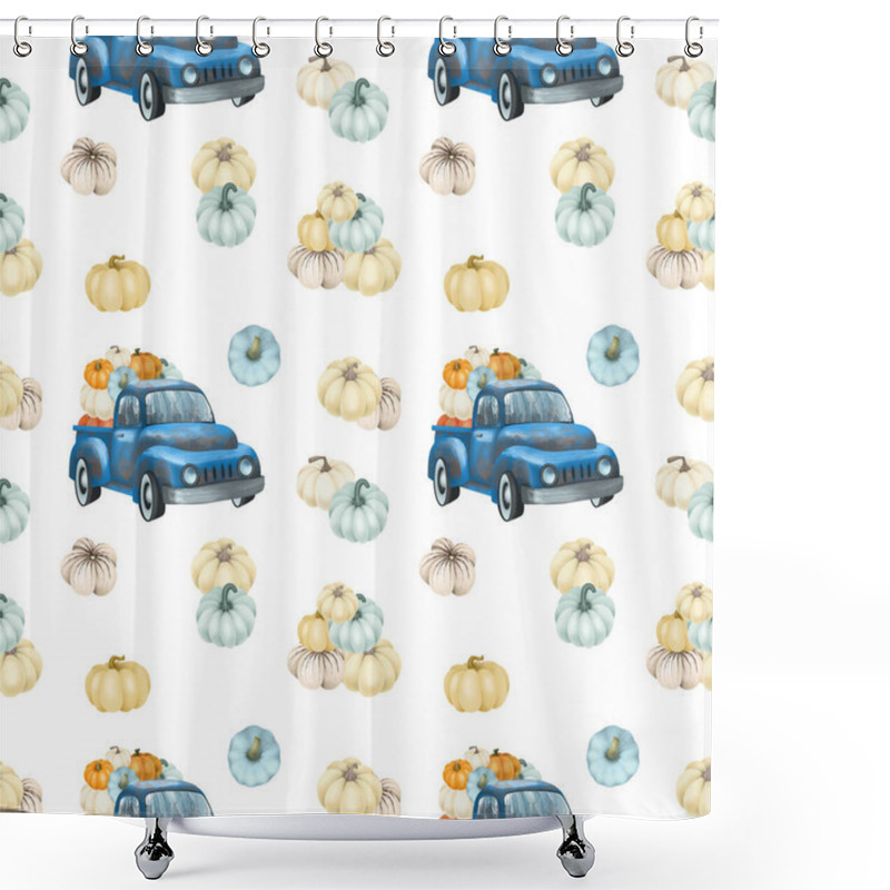 Personality  Seamless pattern of blue old trucks with pumpkins illustration on white background shower curtains