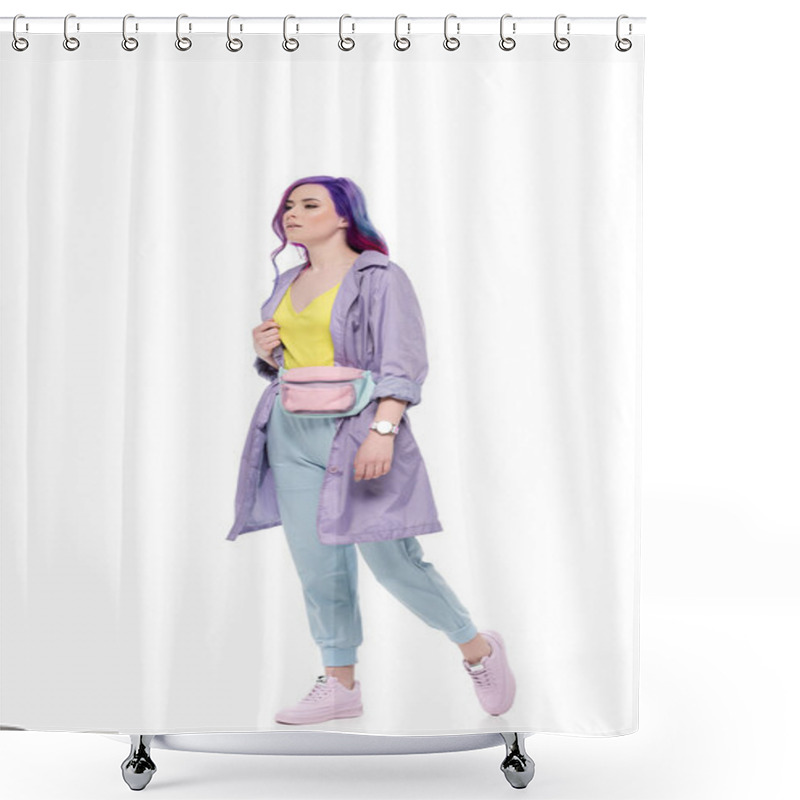 Personality  Stylish Young Woman In Purple Trench Coat With Waist Pack Isolated On White Shower Curtains