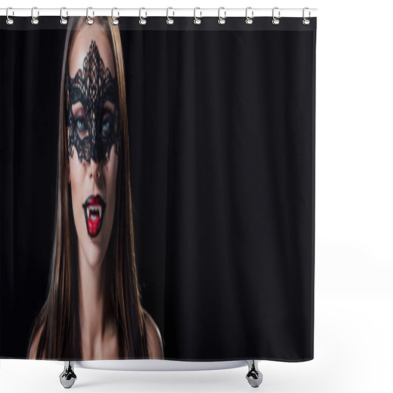 Personality  Panoramic Shot Of Naked Scary Vampire Girl In Masquerade Mask Showing Fangs Isolated On Black Shower Curtains