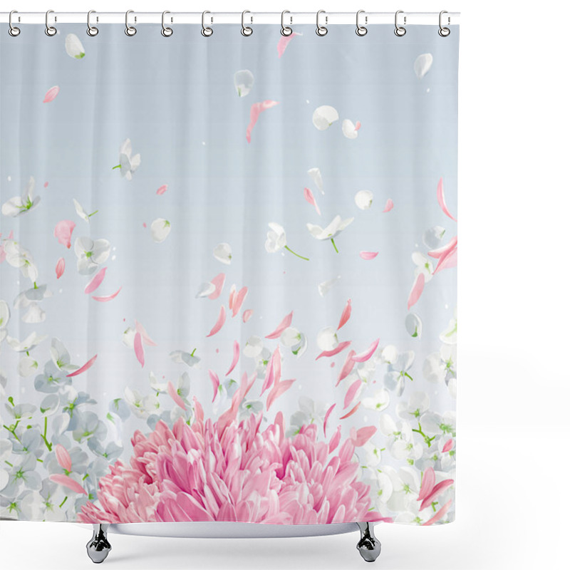 Personality  Summer Wind - Luxurious White Vector Hydrangea Flower, Apple Blossom, Pink Chrysanthemums, Horizontal Seamless Background With Flying Petals In Watercolor Style Shower Curtains