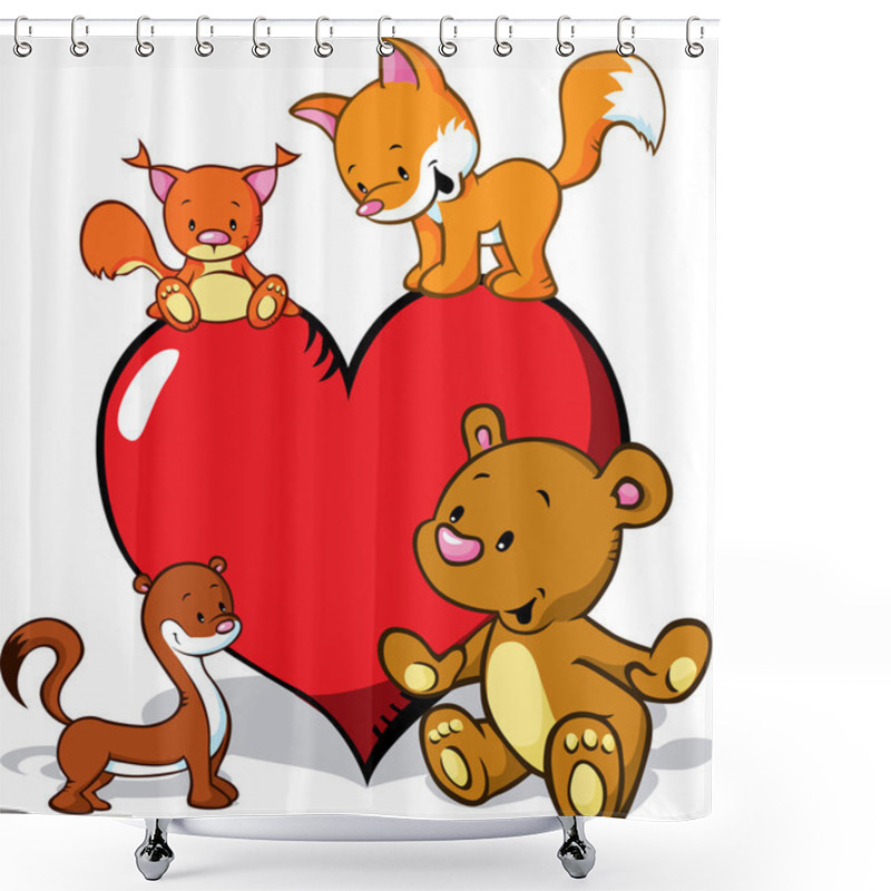 Personality  Cute Animals Cartoon With Valentines Heart - Fox, Bear, Weasel And Squirrel Shower Curtains