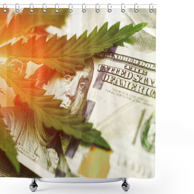 Personality  Marijuana Goes Out For A Hundred Dollar Bills. Money With Marijuana Leaves Close-up, High Quality. Hemp With Money. Macro Shower Curtains