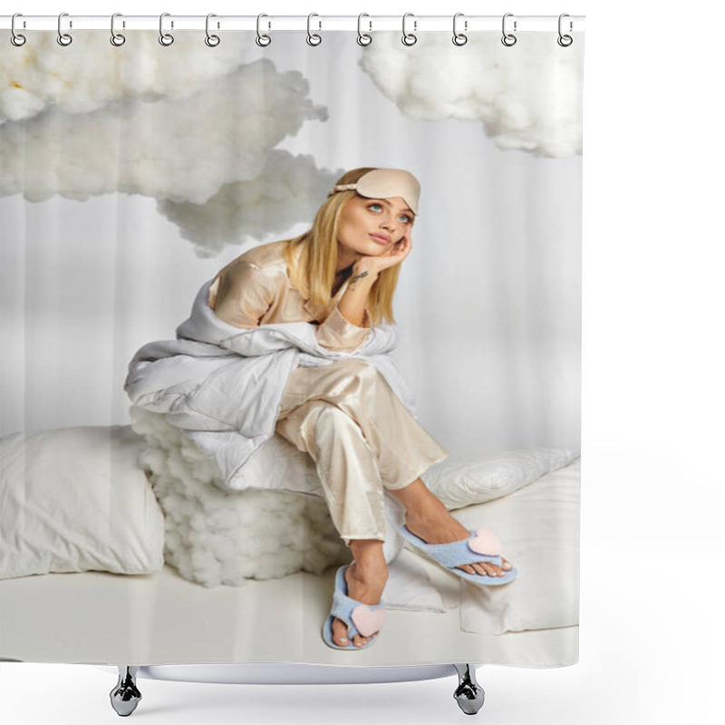 Personality  A Blonde Woman In Cozy Pyjamas Sits Atop Pillow. Shower Curtains