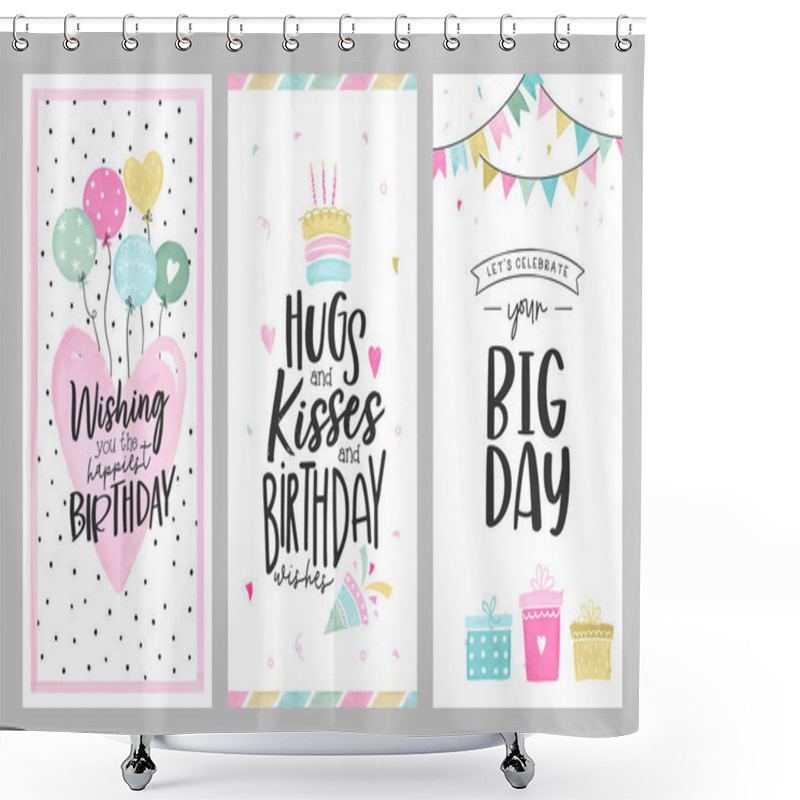 Personality  Set Of Lovely Birthday Greeting Cards With Cakes, Balloons, Gifts And Cute Typography Shower Curtains