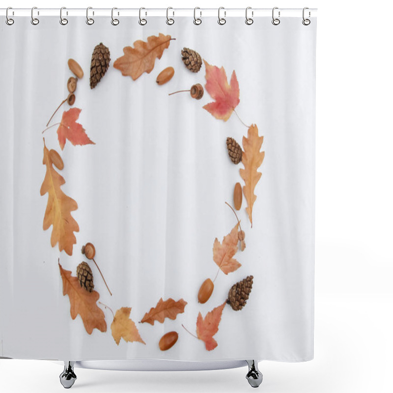 Personality  Round Frame Of Autumn Maple And Oak Leaves, Acorns, Pine Cones Isolated On White. Flat Lay, Composition, Round Border, Top View, Copy Space. Plant, Season, Fall Concept Shower Curtains