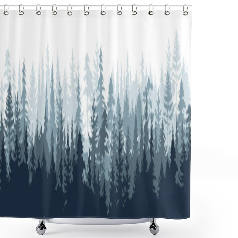 Personality  Pine Forest. Silhouette Wood Tree Background, Wild Nature Woodland Landscape. Vector Foggy Misty Scene Shower Curtains