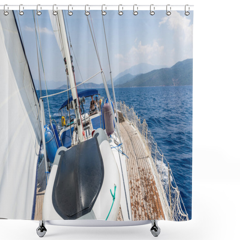 Personality  Sailing Cruising Yacht With Women On The Helm Shower Curtains