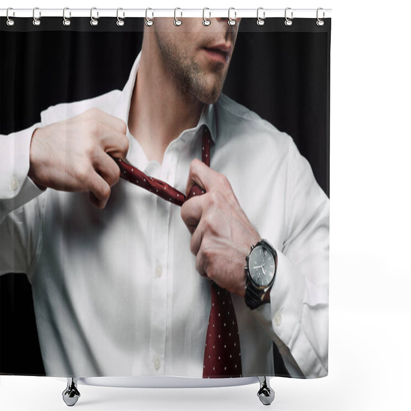 Personality  Partial View Of Upset Businessman Taking Off Tie Isolated On Black Shower Curtains