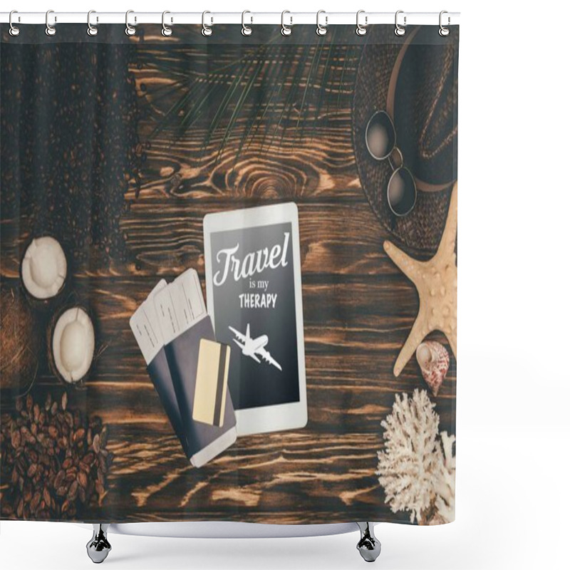 Personality  Top View Of Digital Tablet And Flight Tickets Surrounded With Various Tropical Travel Attributes On Wooden Surface With 