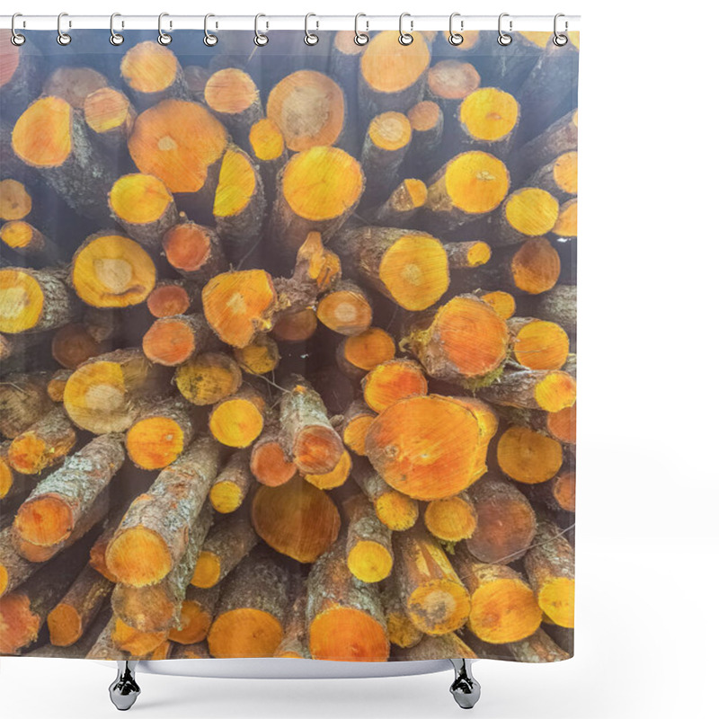 Personality  A Vibrant Abstract Image Of Freshly Cut Logs Stacked High. High Quality Photo Shower Curtains