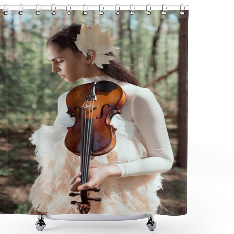 Personality  Tender Woman In White Swan Costume Standing On Forest Background With Violin, Looking Away Shower Curtains