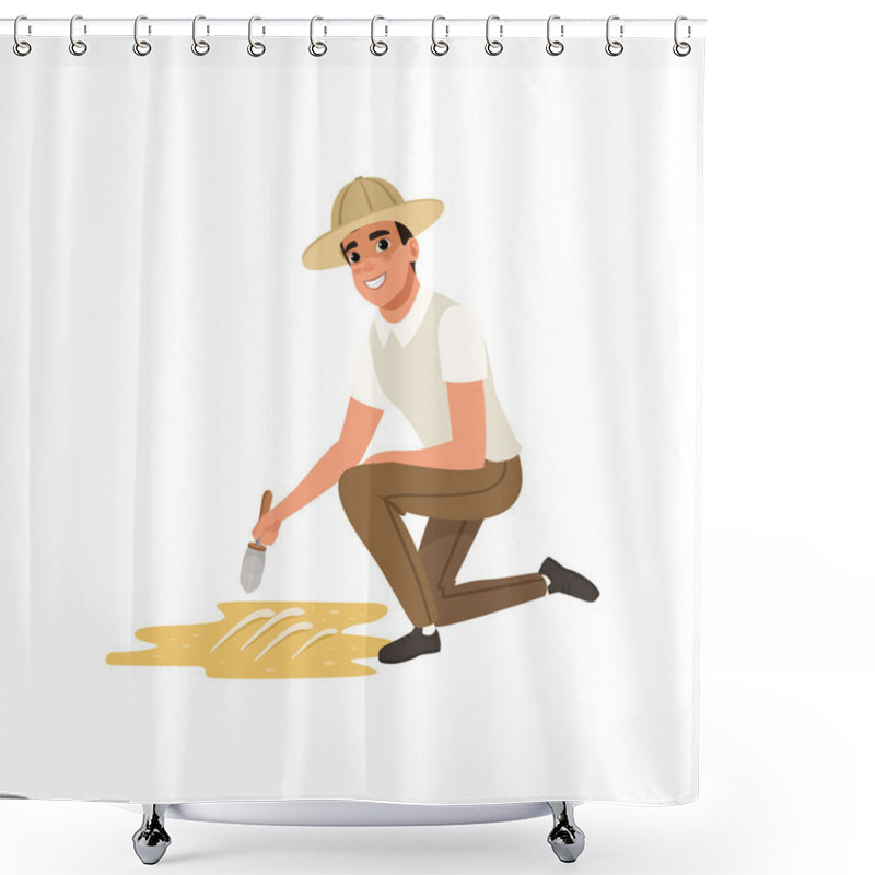 Personality  Man Sitting On One Knee And Sweeping Dirt From Skeleton S Bones. Cartoon Paleontologist Using Small Brush. Male In Shirt, Pants And Archaeologist Hat. Flat Vector Shower Curtains