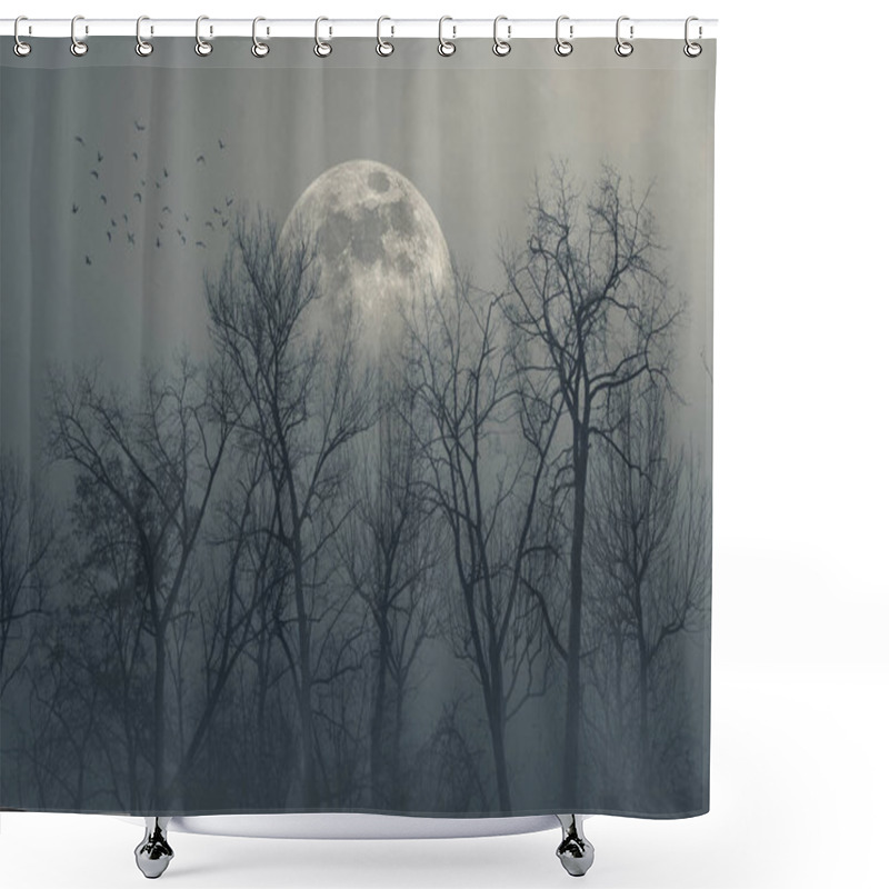 Personality  Dry Trees In The Misty Forest And Full Moon In The Sky, Dark Night And Horror Background Shower Curtains