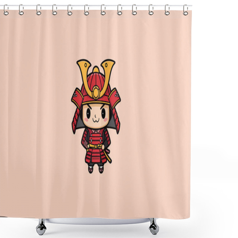 Personality  Chibi Samurai In Red Armor With Swords On Peach Background Shower Curtains