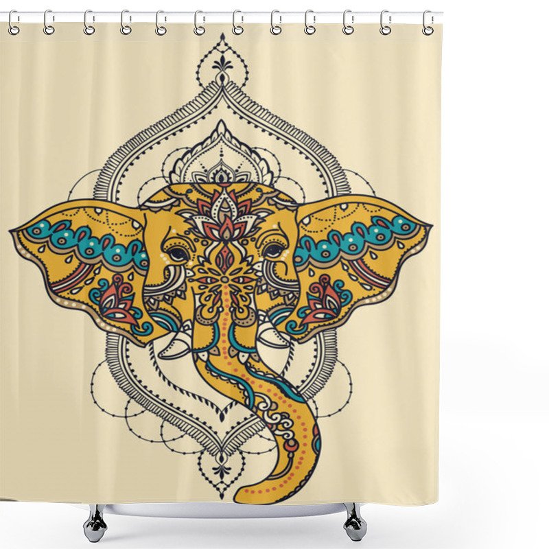 Personality  Head Of Elephant With Beautiful Orient Style Frame, Can Be Used For Tattoo Or Coloring Book, Vector Illustration Shower Curtains