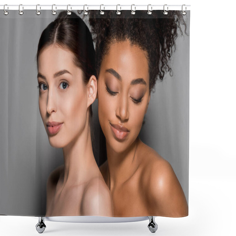 Personality  Portrait Of Naked Multicultural Women With Perfect Skin, On Grey Shower Curtains