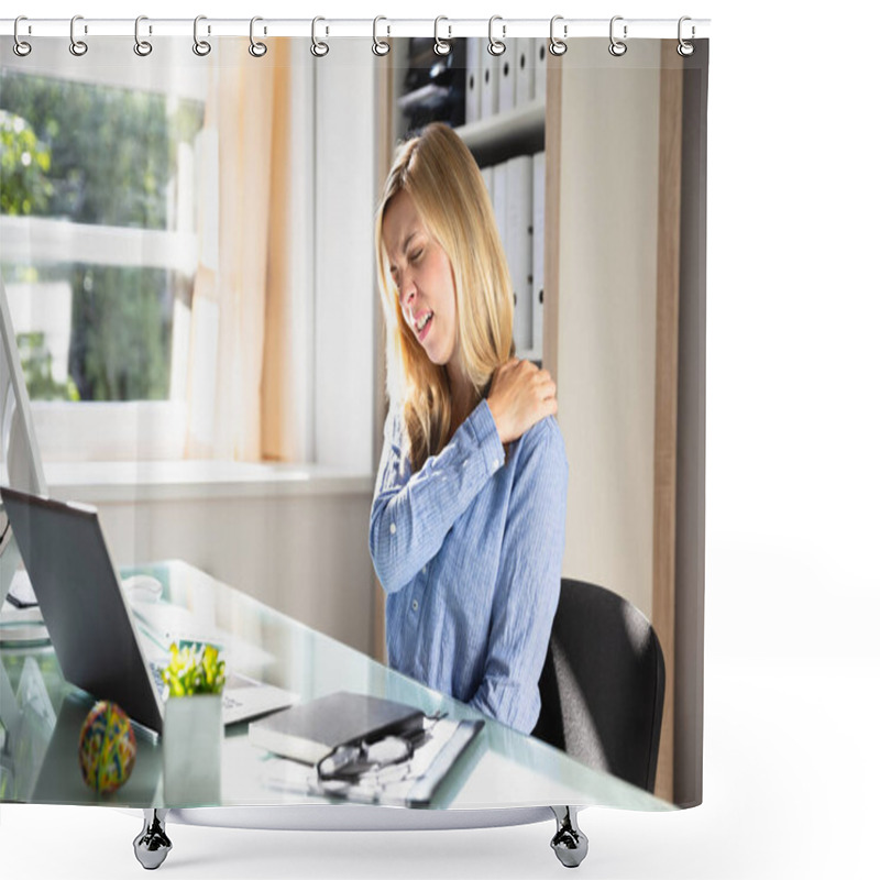 Personality  Young Businesswoman Suffering From Neck Pain Sitting In Office Shower Curtains