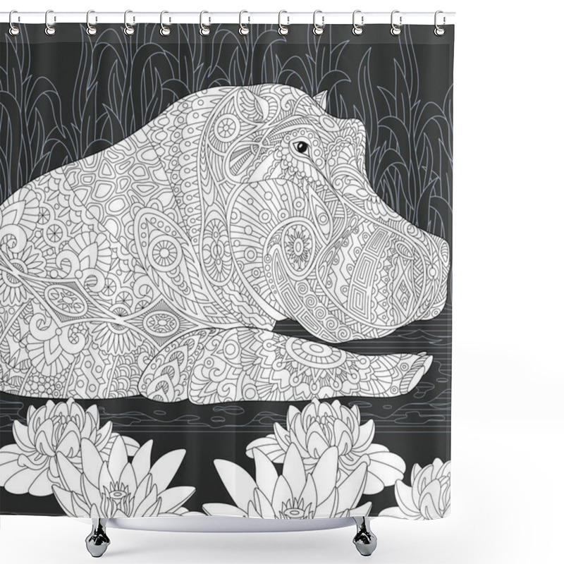 Personality  Hippo. Hippopotamus Drawn In Line Art Style. Lotus Flowers (water Lily). Coloring Book. Coloring Page. Zentangle Vector Illustration. Shower Curtains