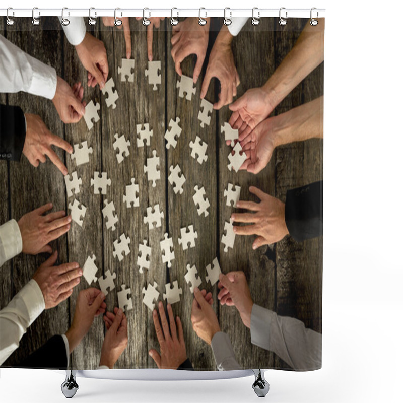 Personality  Businessmen Hands Holding Puzzle Pieces On Table Shower Curtains