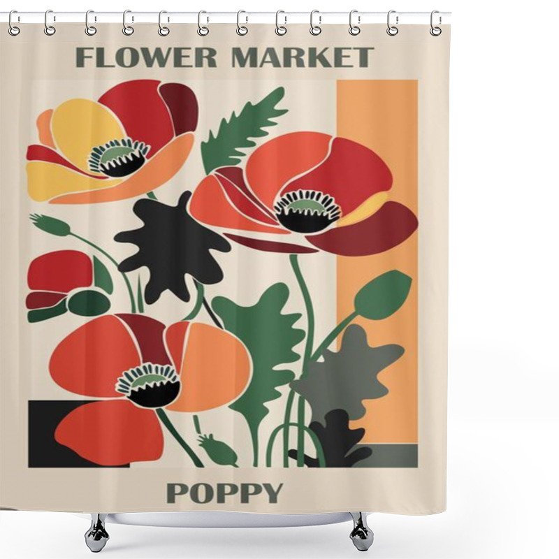 Personality  Abstract Flower Market Poster. Trendy Botanical Wall Art With Poppy Floral Design In Vivid Bright Colors. Modern Naive Groovy Funky Hippie Interior Decoration, Painting. Vector Art Illustration. Shower Curtains