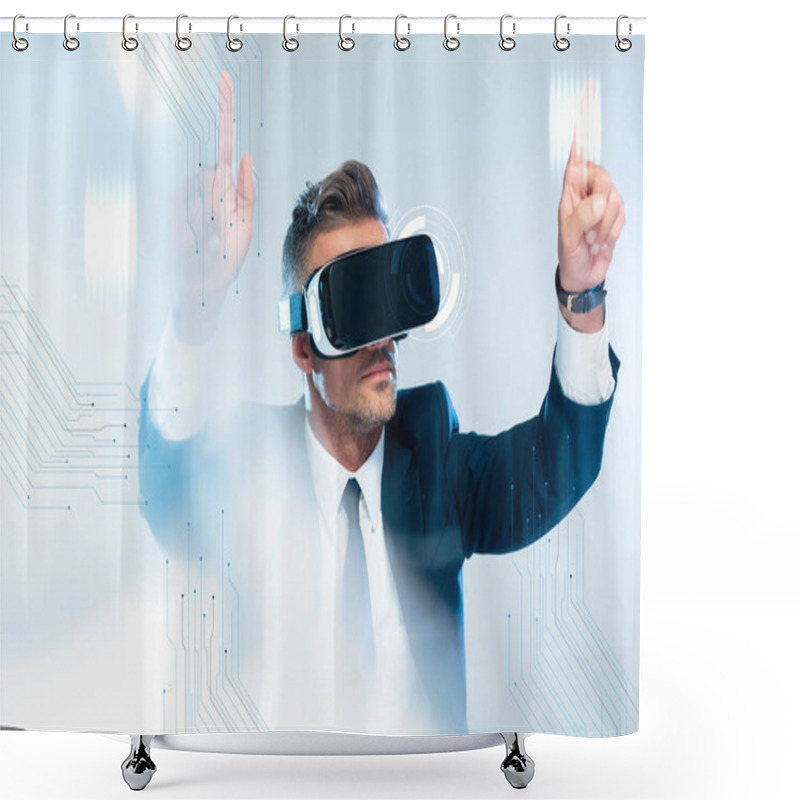 Personality  Businessman In Virtual Reality Headset Touching Innovation Technology Isolated On White, Artificial Intelligence Concept Shower Curtains