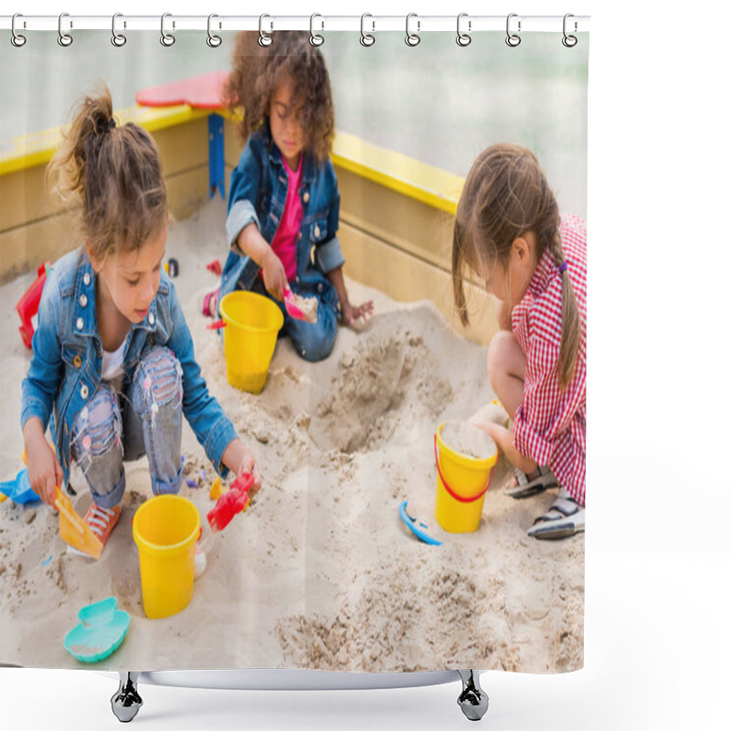 Personality  Three Multiethnic Little Children Playing With Plastic Scoops And Buckets In Sandbox At Playground  Shower Curtains