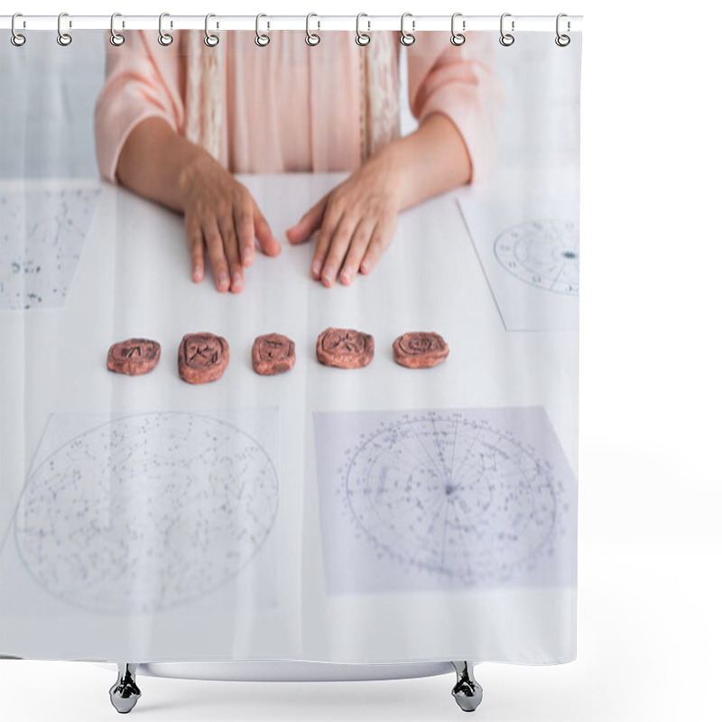 Personality  Partial View Of Astrologist Near Clay Runes And Cosmic Maps Shower Curtains