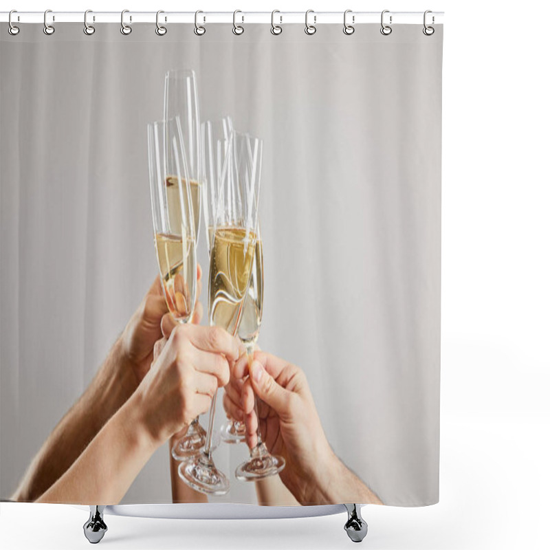 Personality  Cropped View Of Men And Women Toasting Champagne Glasses With Fresh Sparkling Wine Isolated On Grey  Shower Curtains