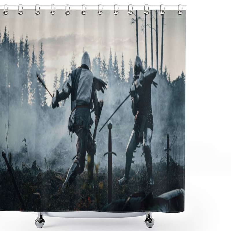 Personality  Epic Armies Of Medieval Knights On Battlefield Clash, Plate Body Armored Warriors Fighting Swords In Battle. Bloody War And Savage Conquest. Historical Reenactment. Cinematic Shot Shower Curtains