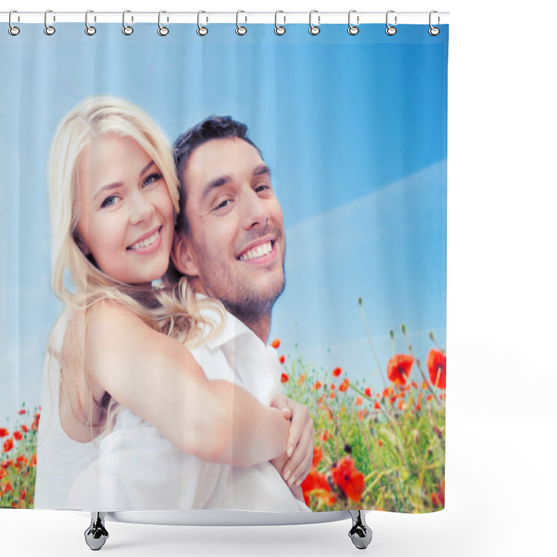 Personality  Happy Couple Having Fun Over Poppy Flowers Field Shower Curtains