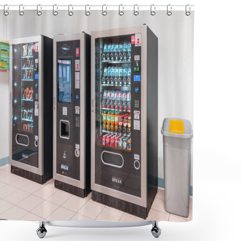 Personality  Italy - Febbraio 16, 2024: Automatic Dispensers Of Soft Drinks, Water And Snacks And Coffee In Break Coffee Area Shower Curtains