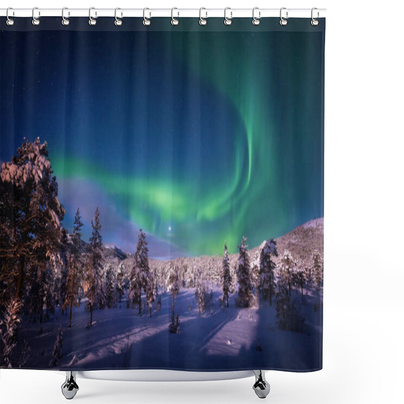 Personality  Aurora Light On The Sky Above Winter Forest. Shower Curtains