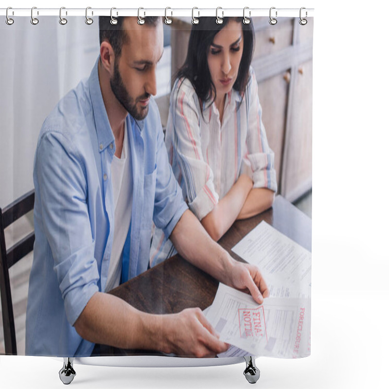 Personality  High Angle View Of Man Reading Document With Foreclosure And Final Notice Lettering Near Woman With Crossed Arms At Table Shower Curtains