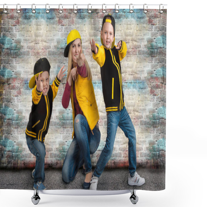 Personality  A Young Mother And Two Young Sons In The Style Of Hip Hop.Fashionable Family.Graffiti On The Walls. Shower Curtains