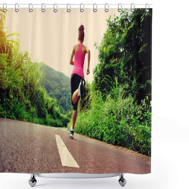 Personality  Young Fitness Woman  Running At Forest Trail Shower Curtains