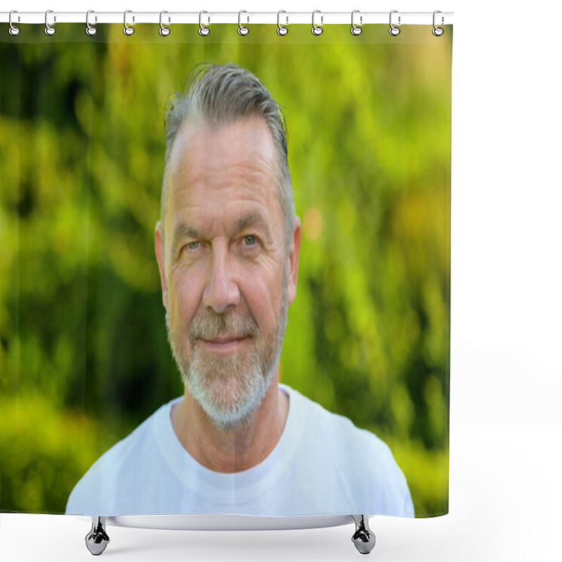 Personality  A Close-up Portrait Of A Mature Man With Gray Hair And A Short Beard, Wearing A White T-shirt. Shower Curtains